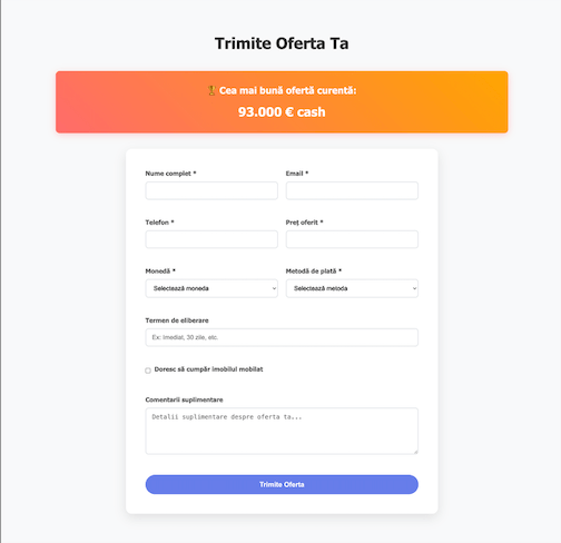 Previzualizare template ImoBid pe desktop - formular de oferte cu design profesional