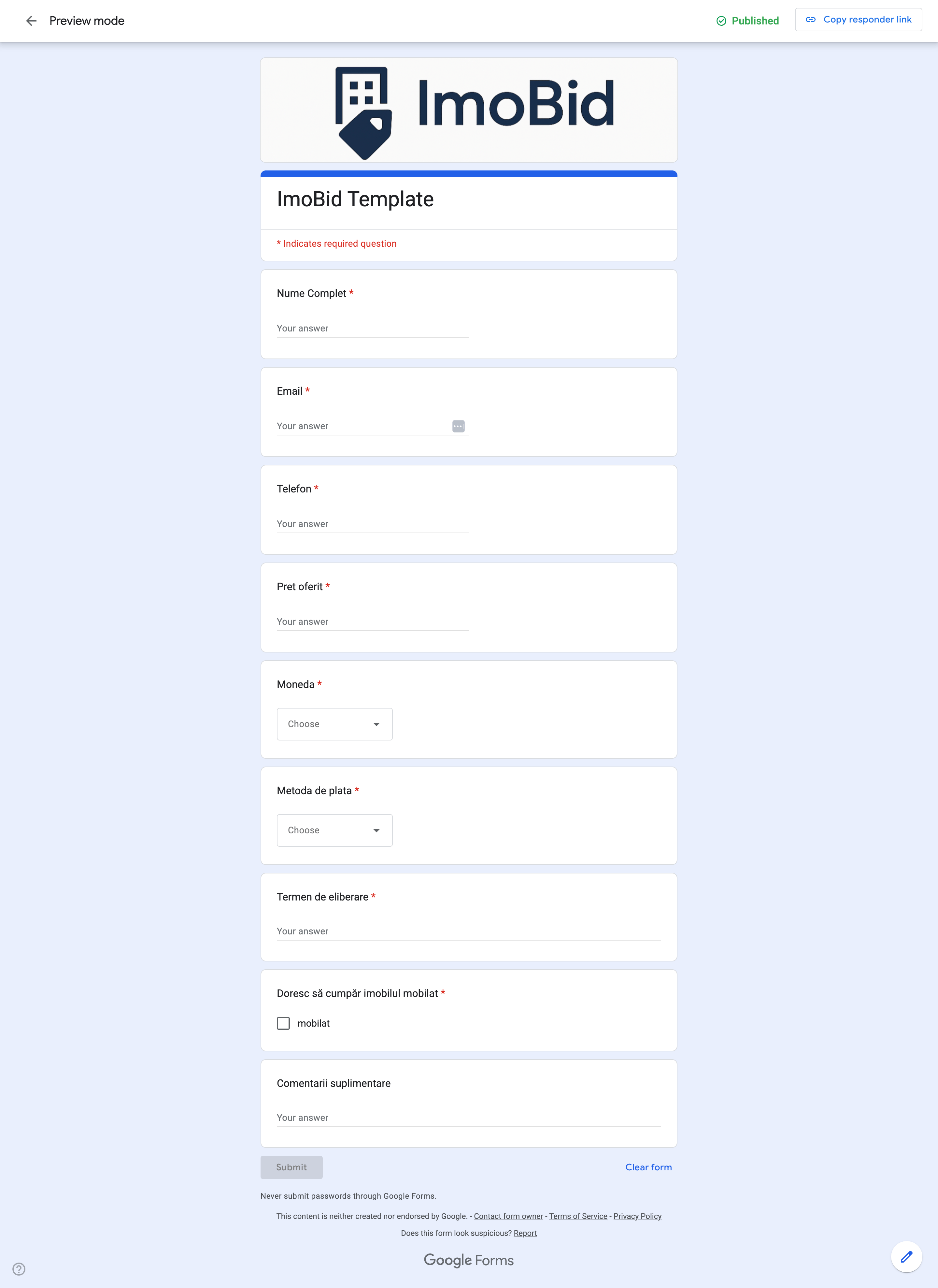 Integrare Google Forms pentru colectarea ofertelor imobiliare - formular complet funcțional